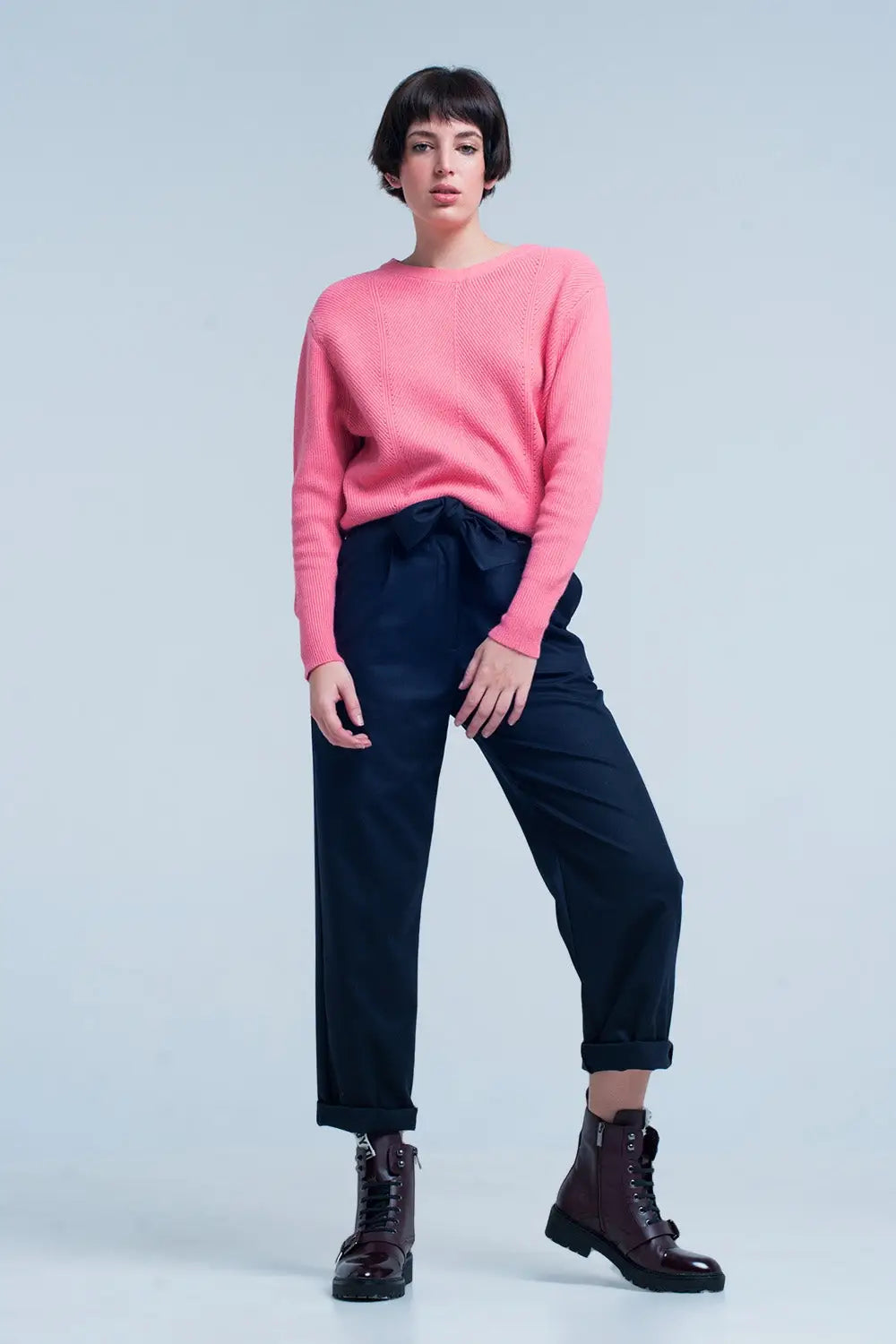Pull texturé rose avec col rond motif à rayures - Pulls
