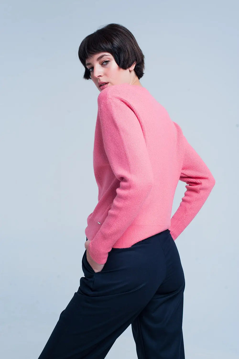 Pull texturé rose avec col rond motif à rayures - Pulls