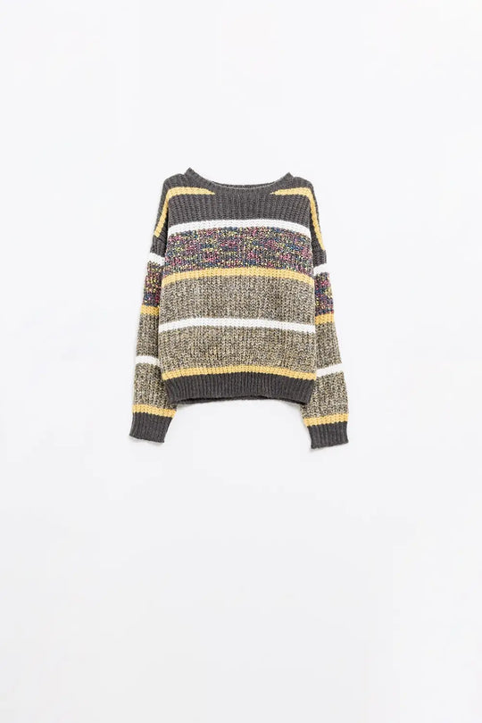 pull tricoté à manches longues en rayures de couleurs multiples - Pulls