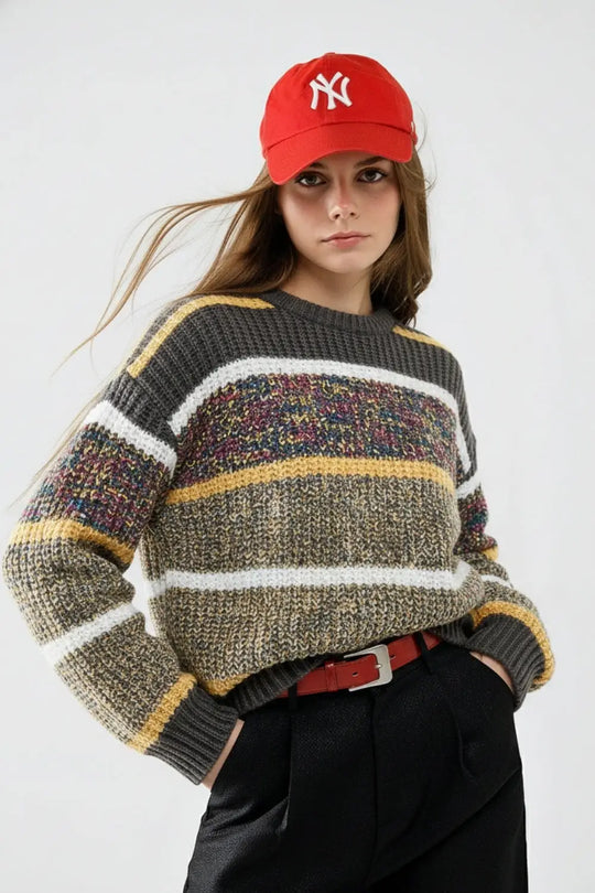 Q2 pull tricoté à manches longues en rayures de couleurs multiples