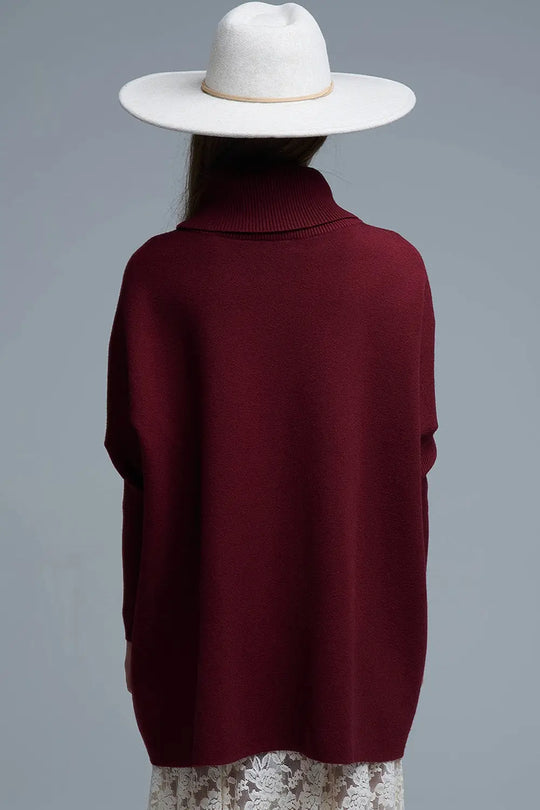 Pull tunique à col haut en bourgogne avec manches ajustées - One Size / rouge - Pulls