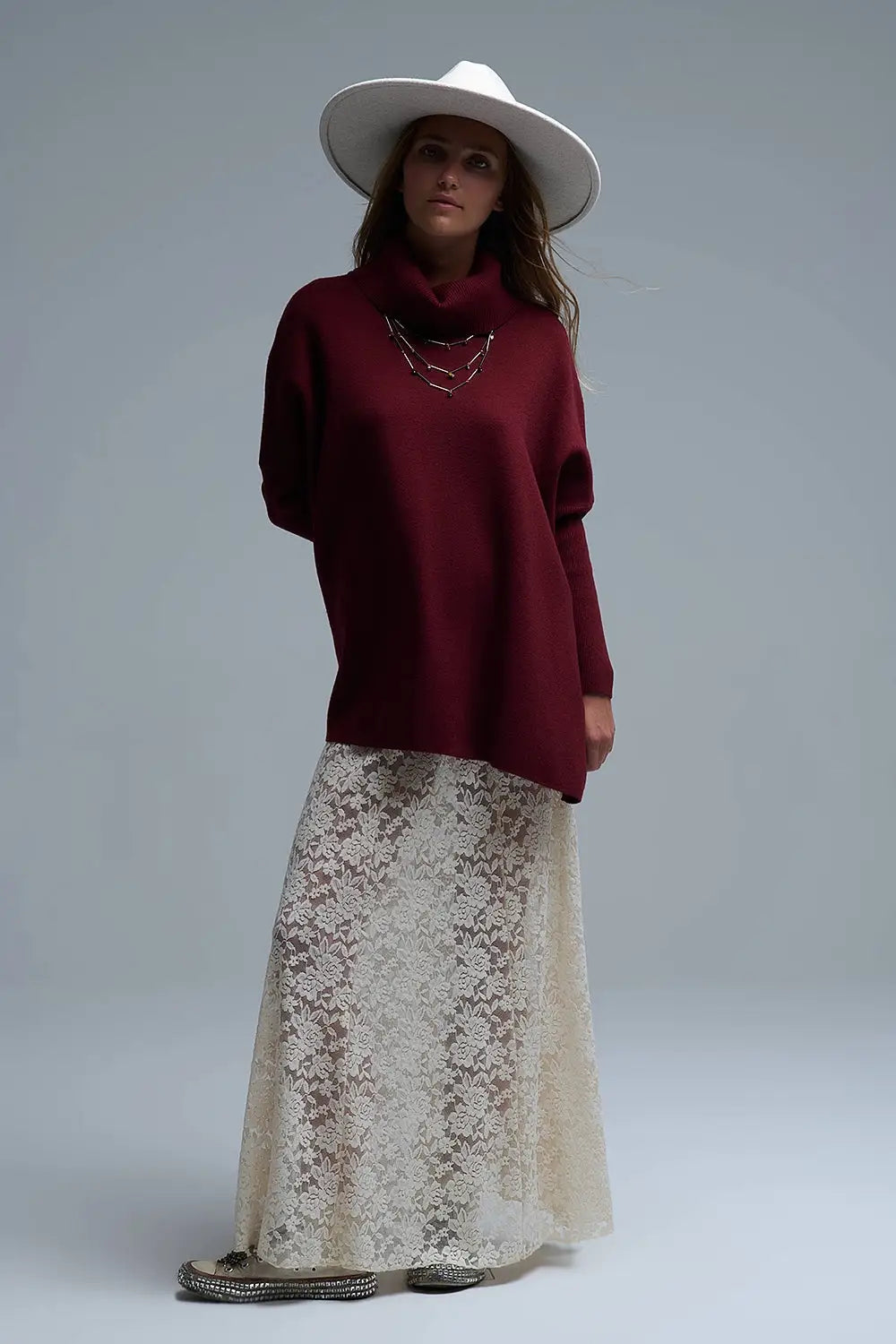 Pull tunique à col haut en bourgogne avec manches ajustées - One Size / rouge - Pulls