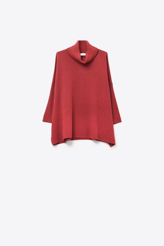 Pull tunique à col haut en bourgogne avec manches ajustées - One Size / rouge - Pulls