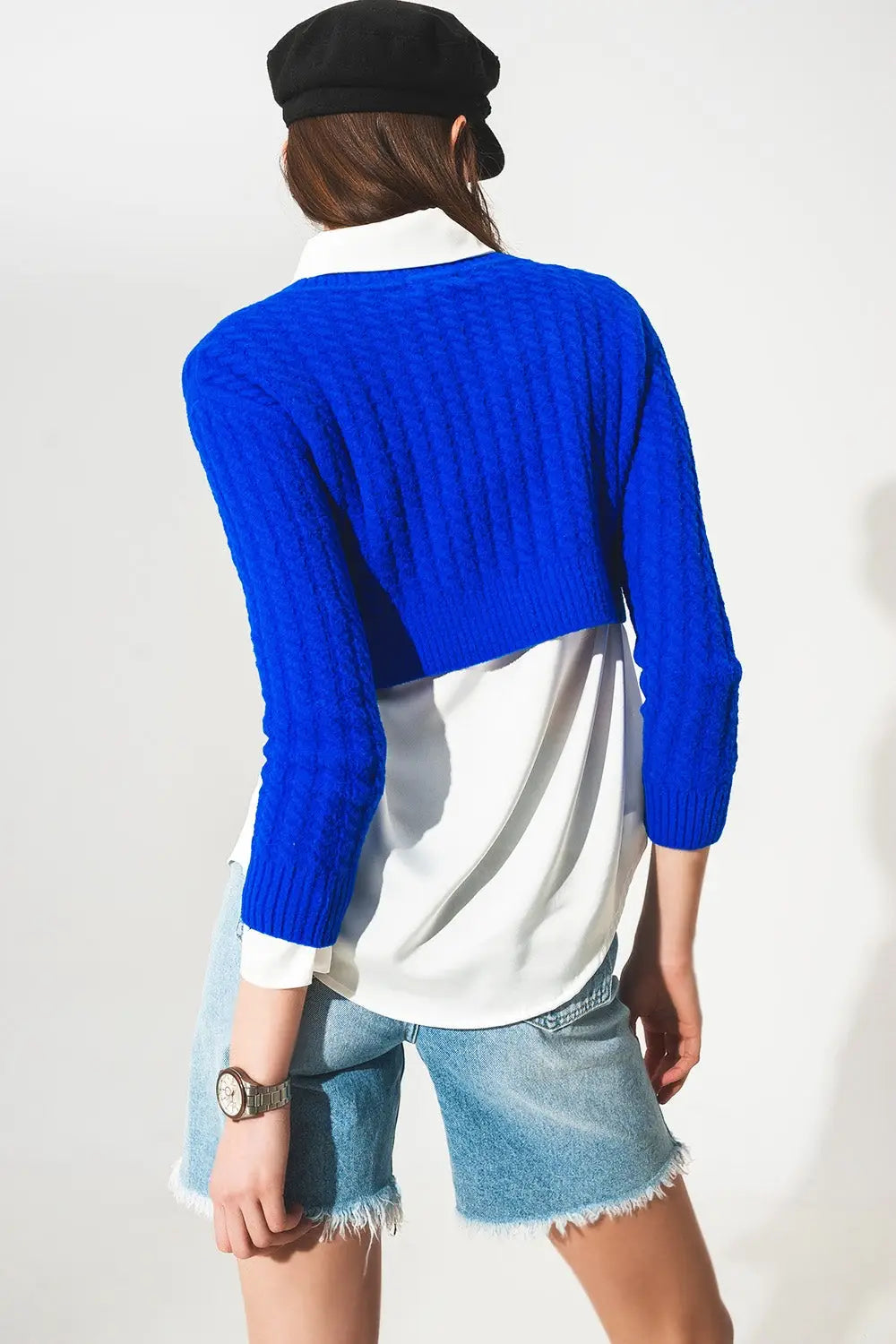 Pull ultra court en maille torsadée Bleu - Pulls