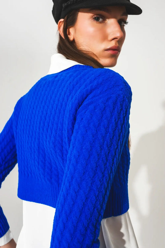 Pull ultra court en maille torsadée Bleu - Pulls