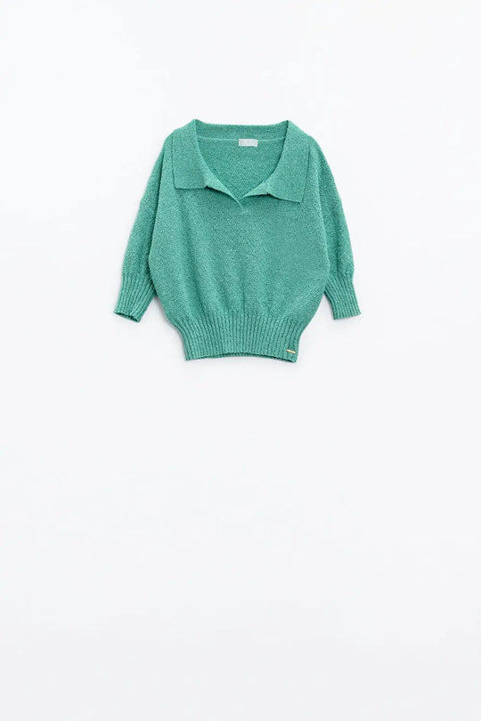 Pull vert à manches 3/4 et col polo - Pulls