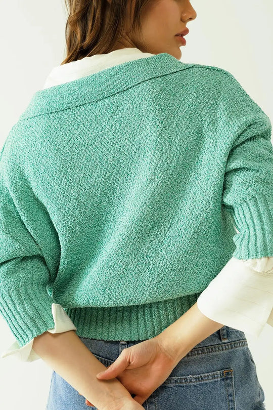 Pull vert à manches 3/4 et col polo - Pulls
