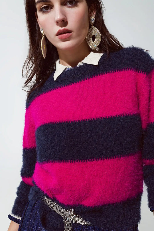 Purple and blue sweater with stripes and a crew neck - Sweaters