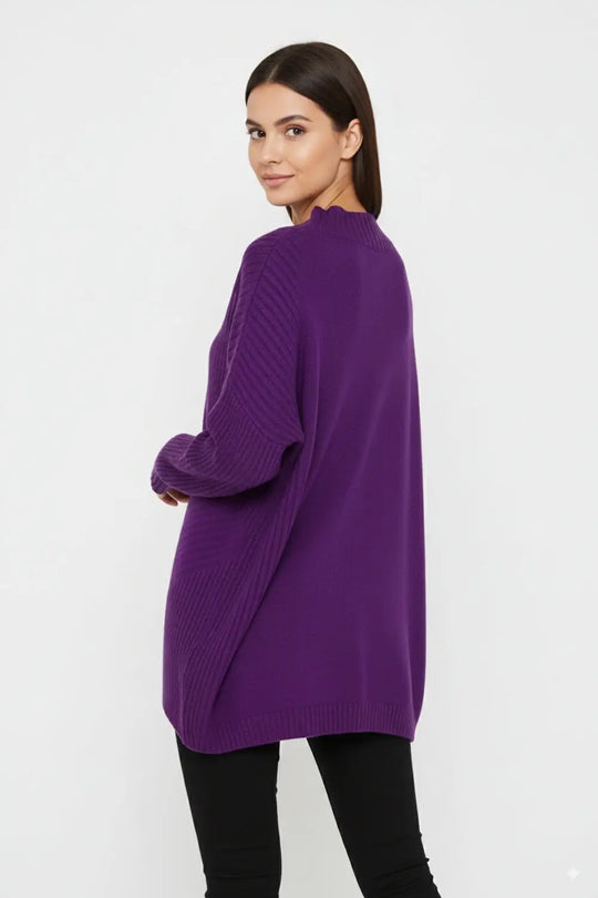 Purple Asymmetric Ribbed Knit Sweater Tunic - One Size / Purple