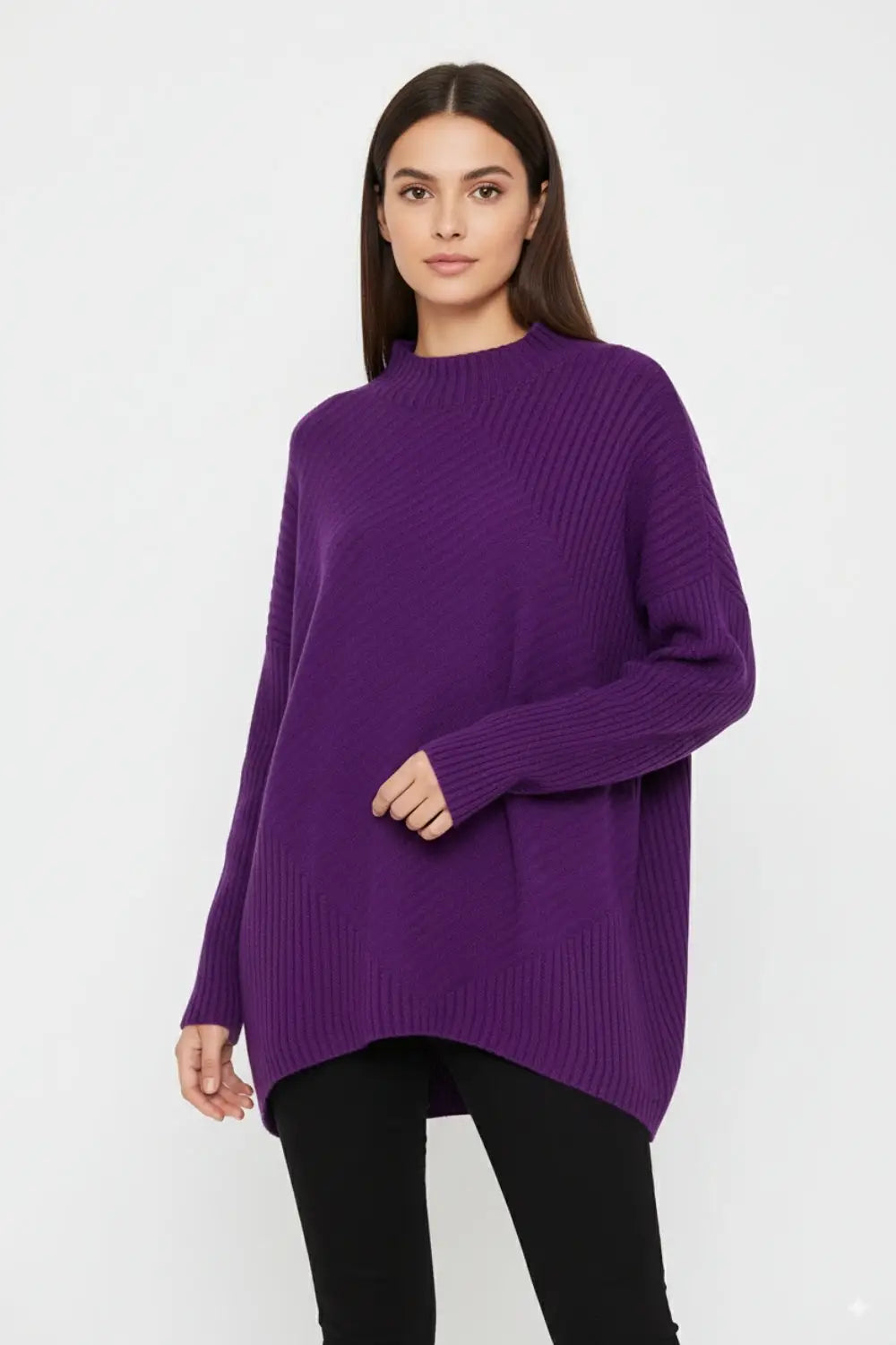 Purple Asymmetric Ribbed Knit Sweater Tunic - One Size / Purple