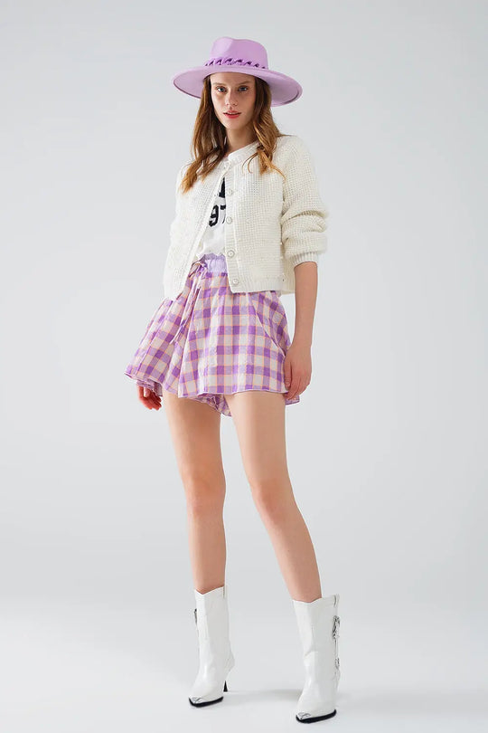 Purple Checkered print shorts with tight-fitting waist detail - Pants