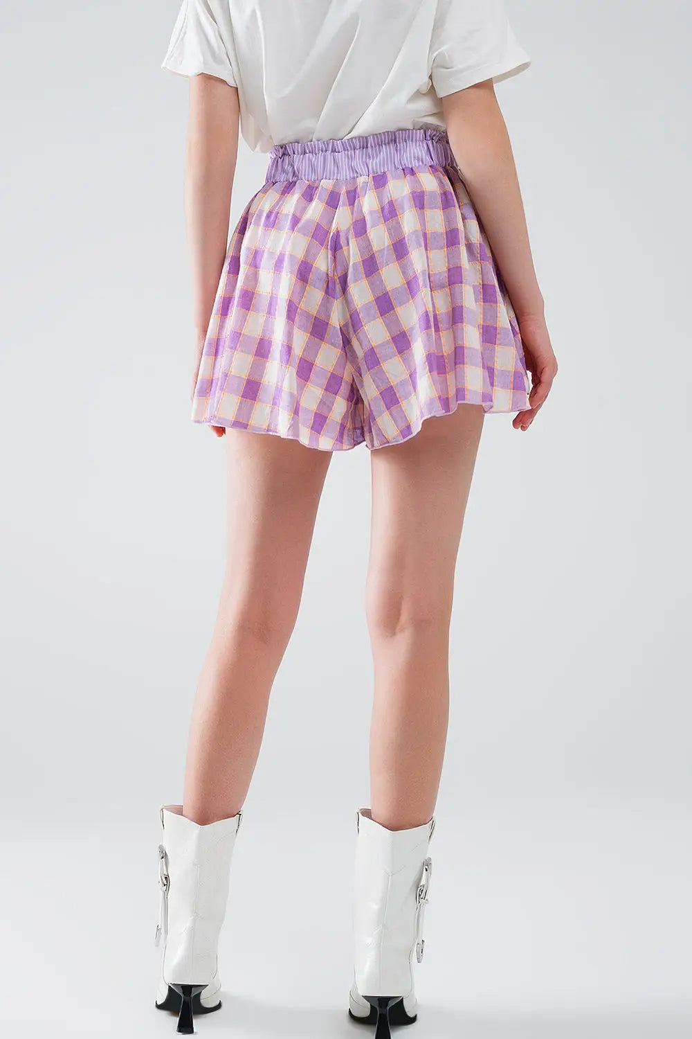 Purple Checkered print shorts with tight-fitting waist detail - Pants