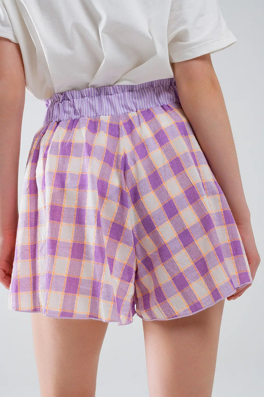 Purple Checkered print shorts with tight-fitting waist detail - Pants