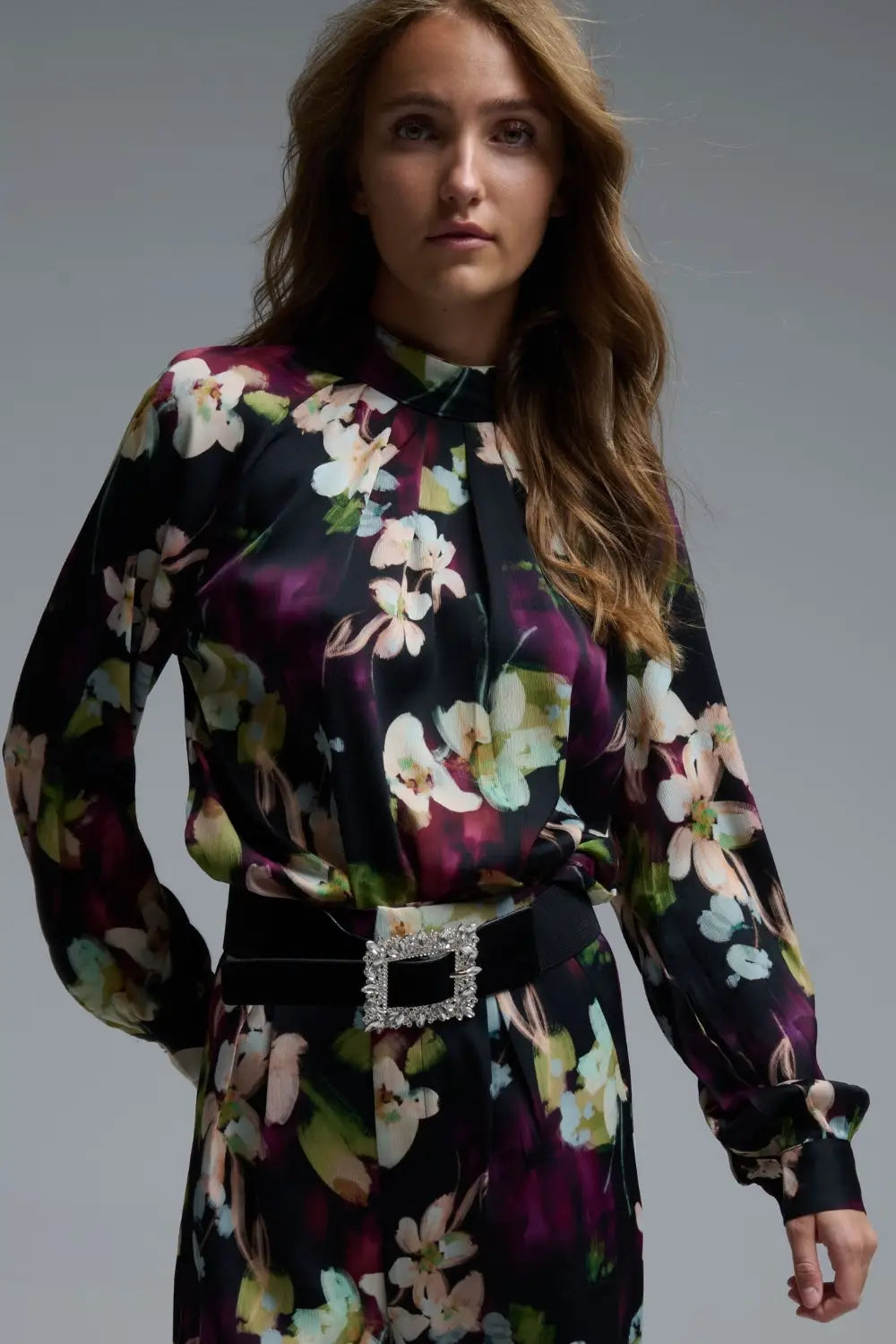 Q2 Purple Floral print Satin blouse