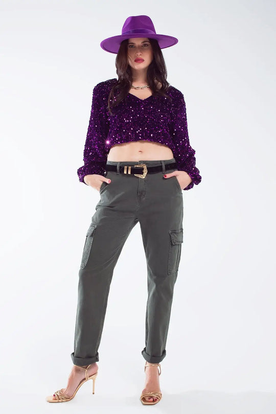 Purple sequin top with V-Neckline ballon sleeves and Open Back - Tops