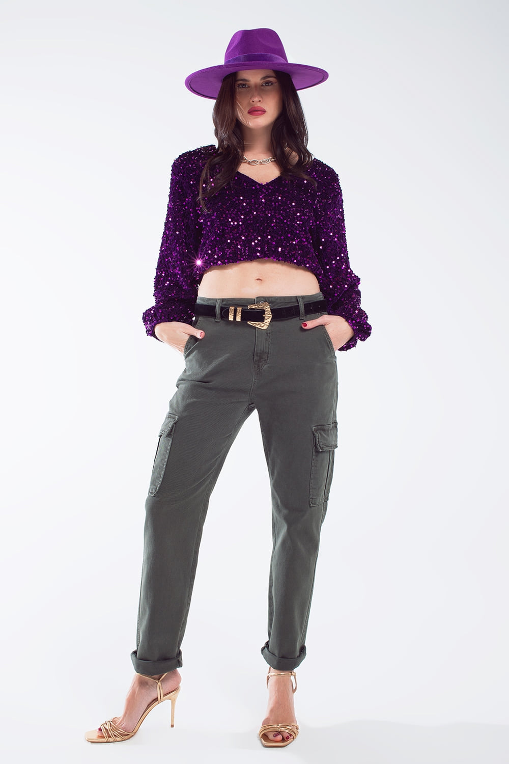 Purple sequin top with V-Neckline ballon sleeves and Open Back