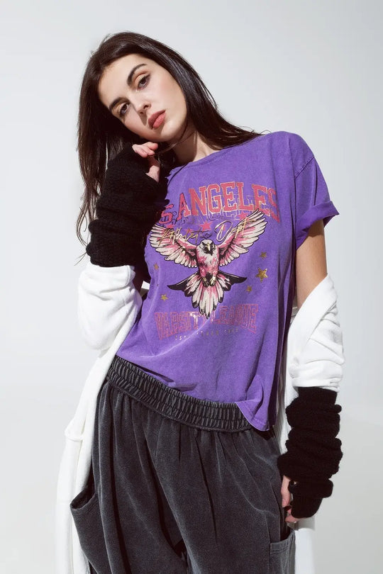 Purple T-shirt with Los Angeles print on the front - One Size / Purple - Tops