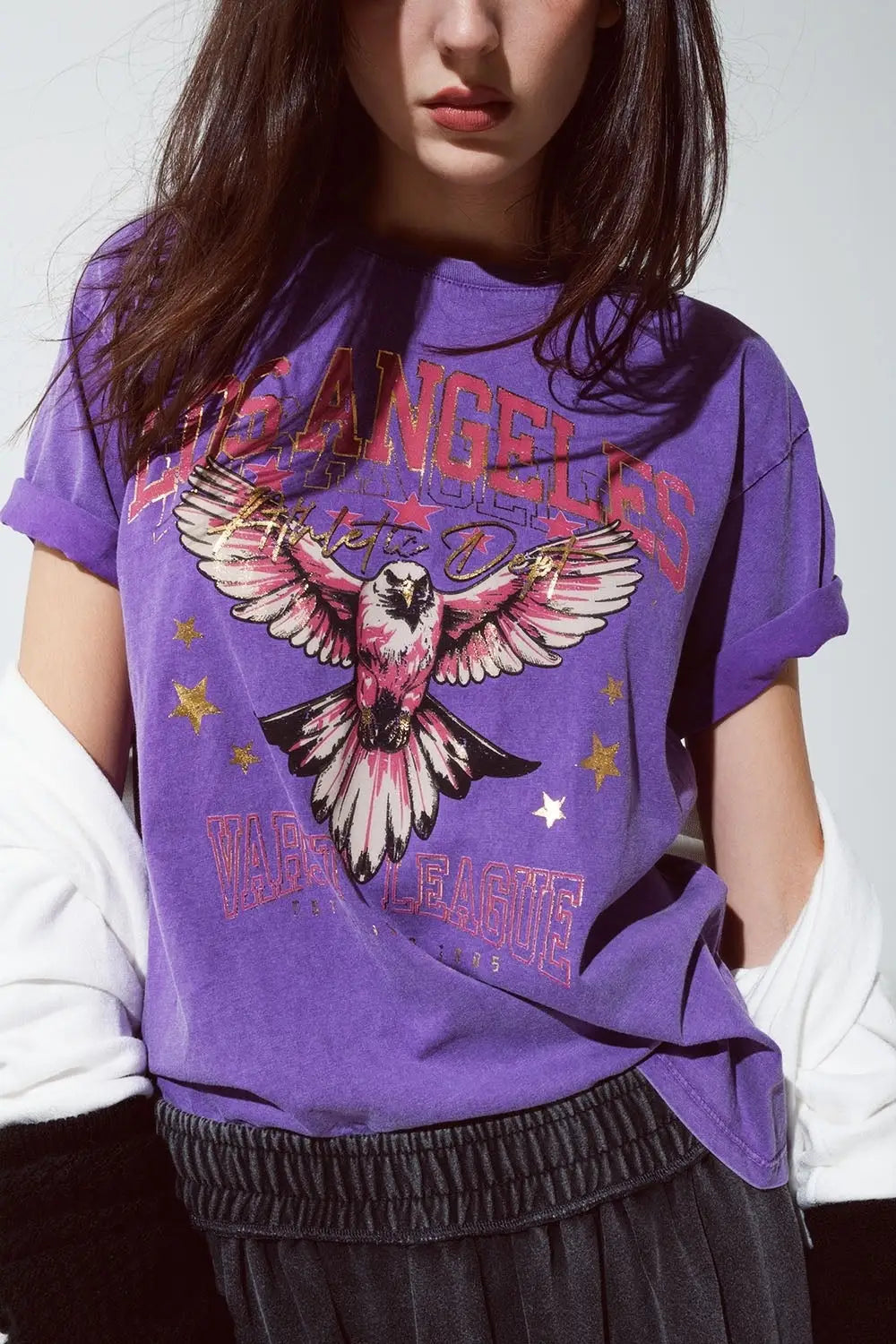 Purple T-shirt with Los Angeles print on the front - One Size / Purple - Tops