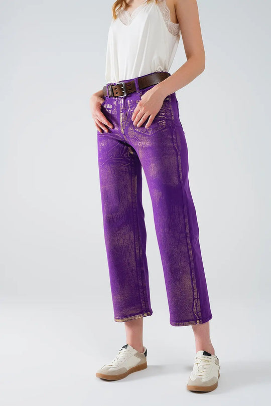 Purple Wide Leg Jeans With Metallic Finish In Gold - Jeans