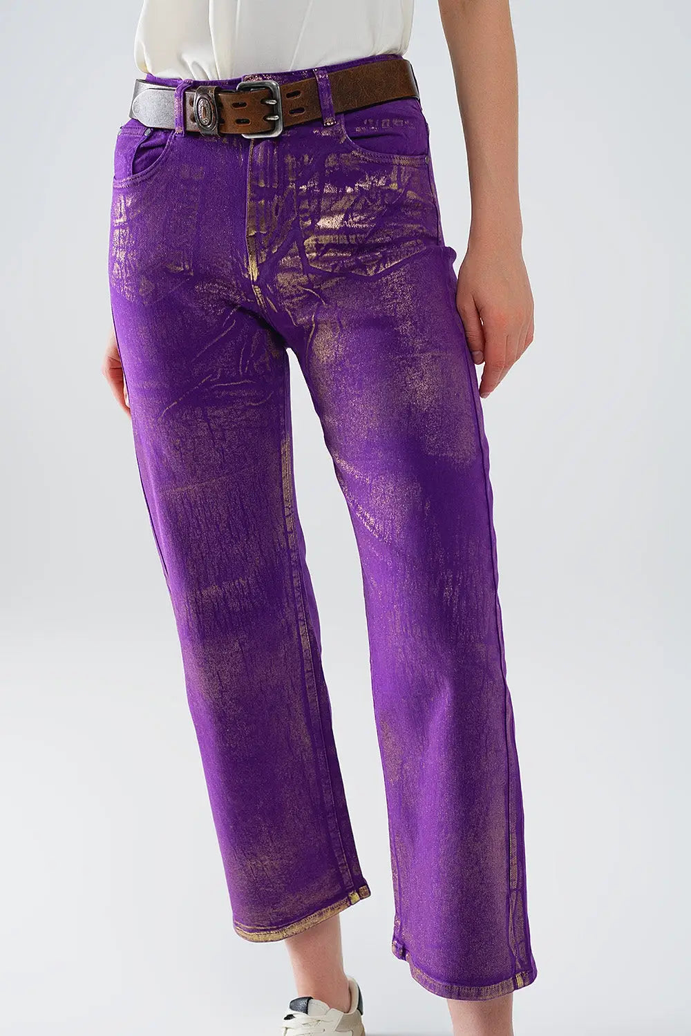 Purple Wide Leg Jeans With Metallic Finish In Gold - Jeans