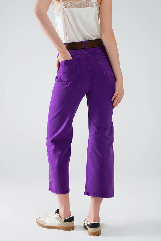 Purple Wide Leg Jeans With Metallic Finish In Gold - Jeans