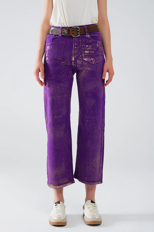 Purple Wide Leg Jeans With Metallic Finish In Gold - Jeans