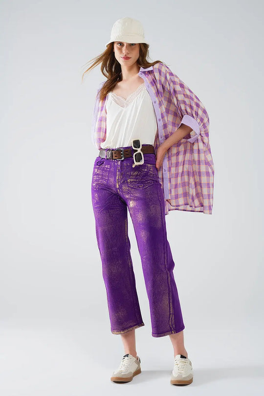 Purple Wide Leg Jeans With Metallic Finish In Gold - Jeans