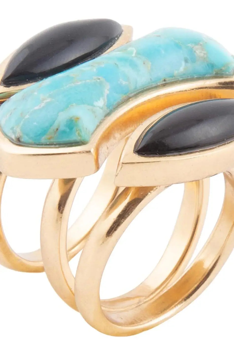 Puzzle Blue Turquoise and Black Onyx Golden Ring Set - Rings