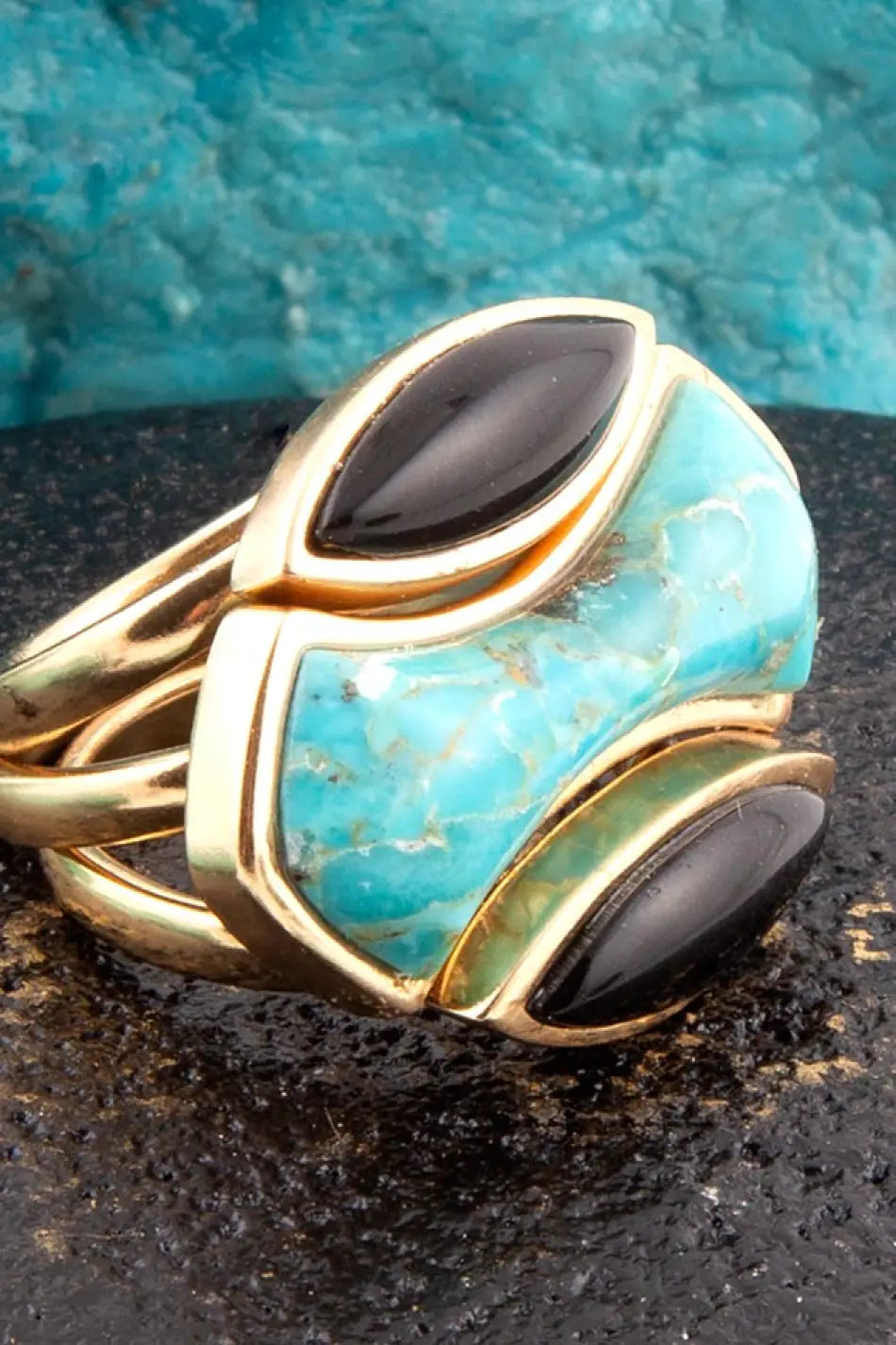 Puzzle Blue Turquoise and Black Onyx Golden Ring Set - Rings
