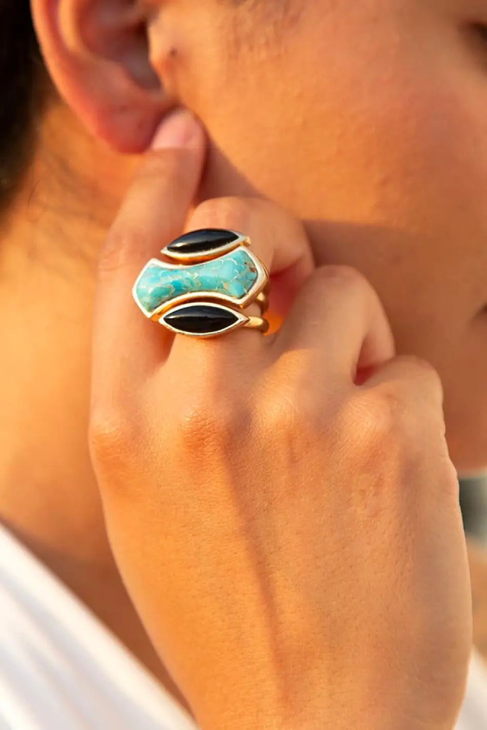 Puzzle Blue Turquoise and Black Onyx Golden Ring Set - Rings