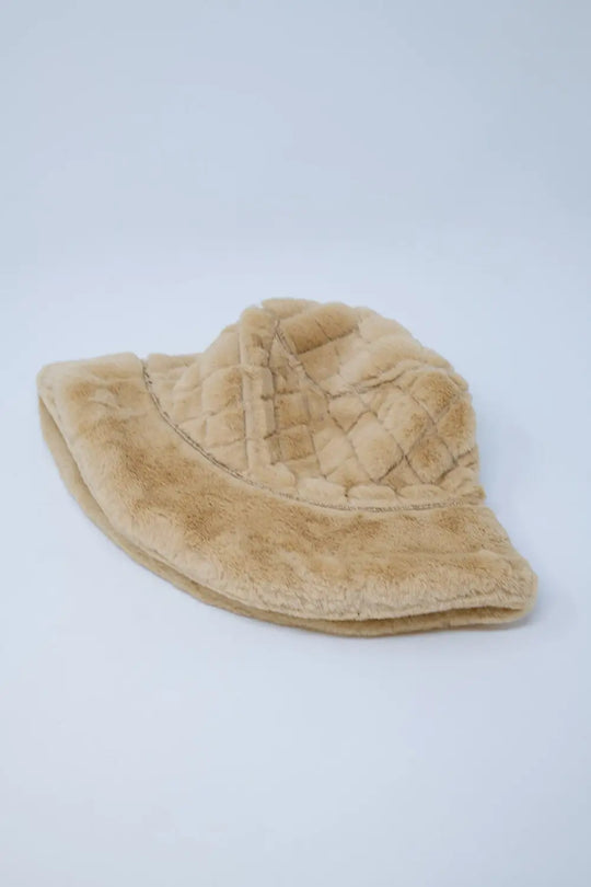 Quilted Bucket Hat In Beige Faux Fur - One Size / Beige