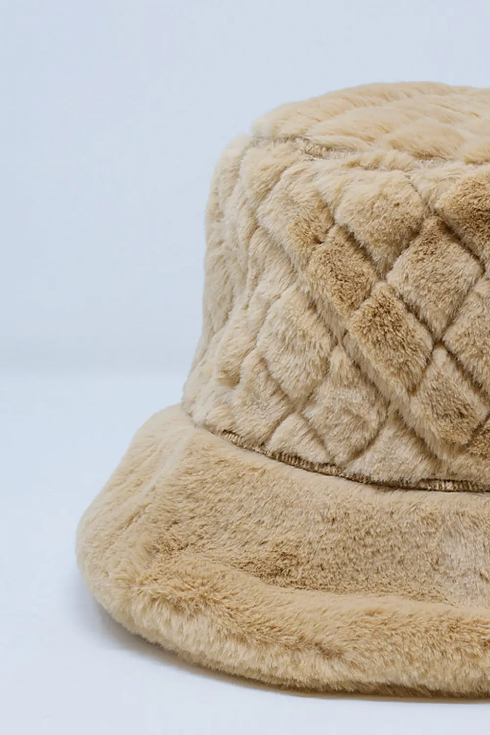 Quilted Bucket Hat In Beige Faux Fur - One Size / Beige