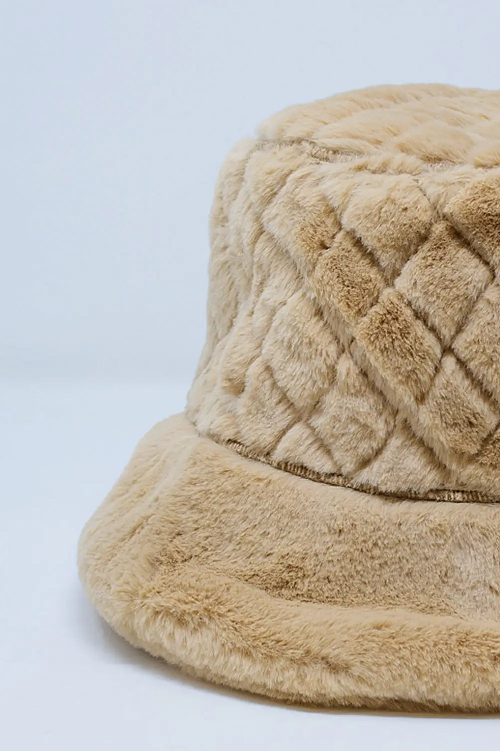 Quilted Bucket Hat In Beige Faux Fur - One Size / Beige