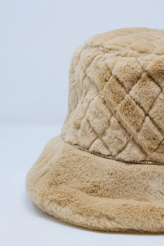 Quilted Bucket Hat In Beige Faux Fur - One Size / Beige