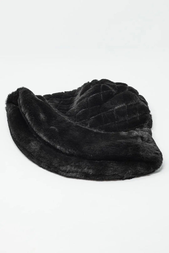 Quilted Bucket Hat In Black Faux Fur - One Size / Black