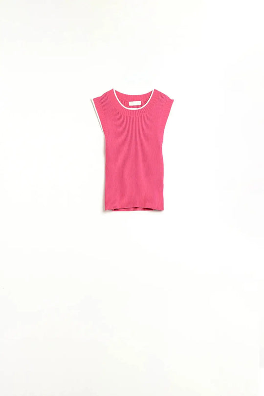 Raspberry Pink Fitted Tank Top with White Trim - Sweaters