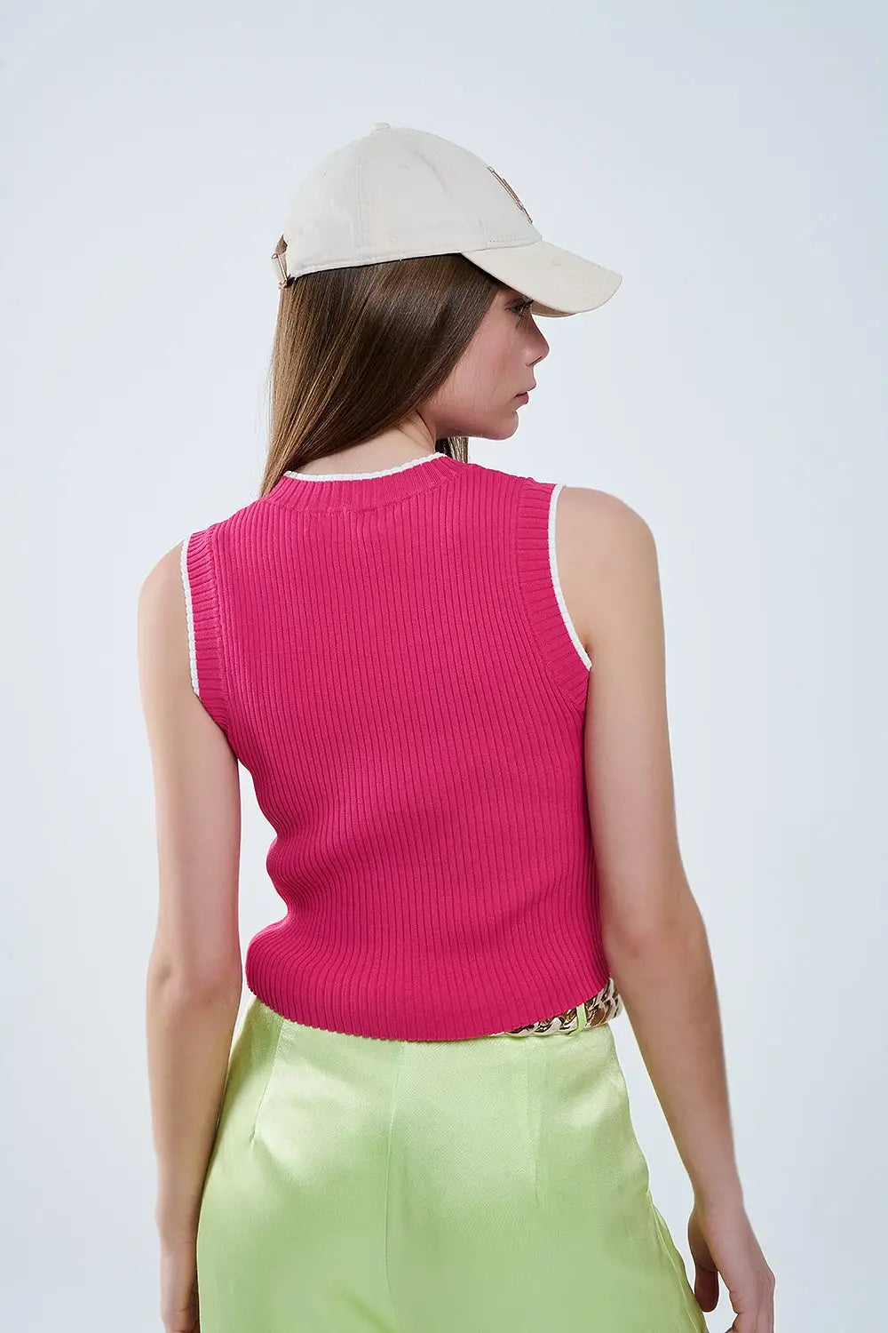 Raspberry Pink Fitted Tank Top with White Trim - Sweaters