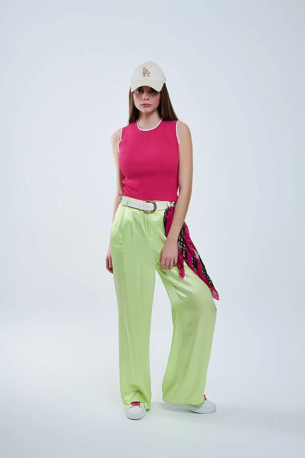 Raspberry Pink Fitted Tank Top with White Trim - Sweaters