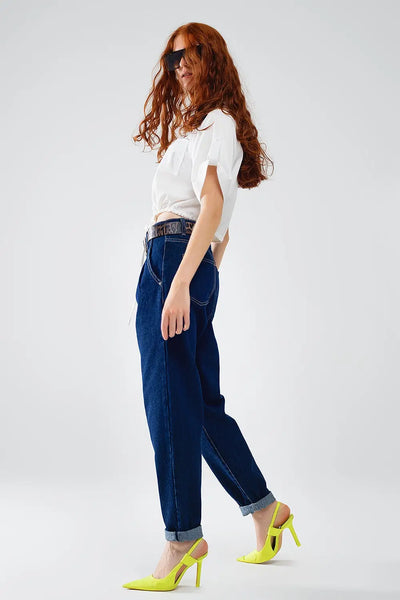 Raw Blue Mom Jeans With Pleated Detail - Jeans