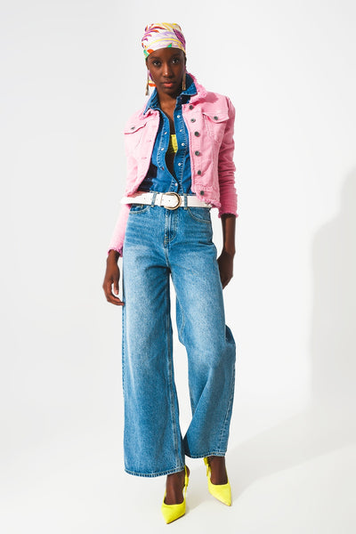 Raw edge denim jacket in pink