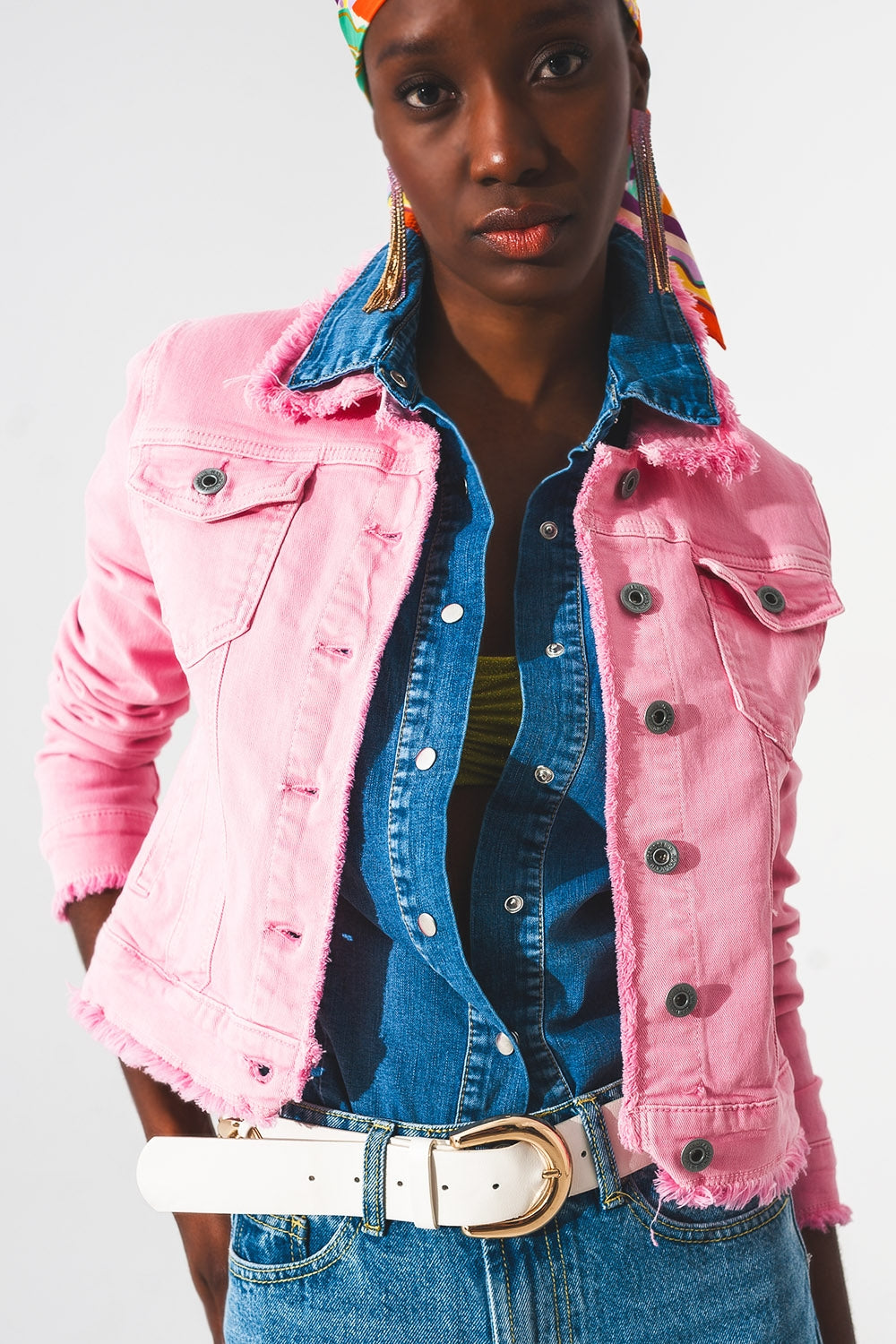 Raw edge denim jacket in pink