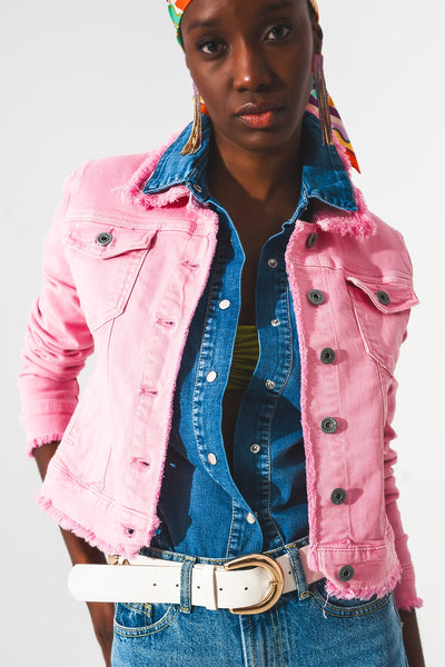 Raw edge denim jacket in pink