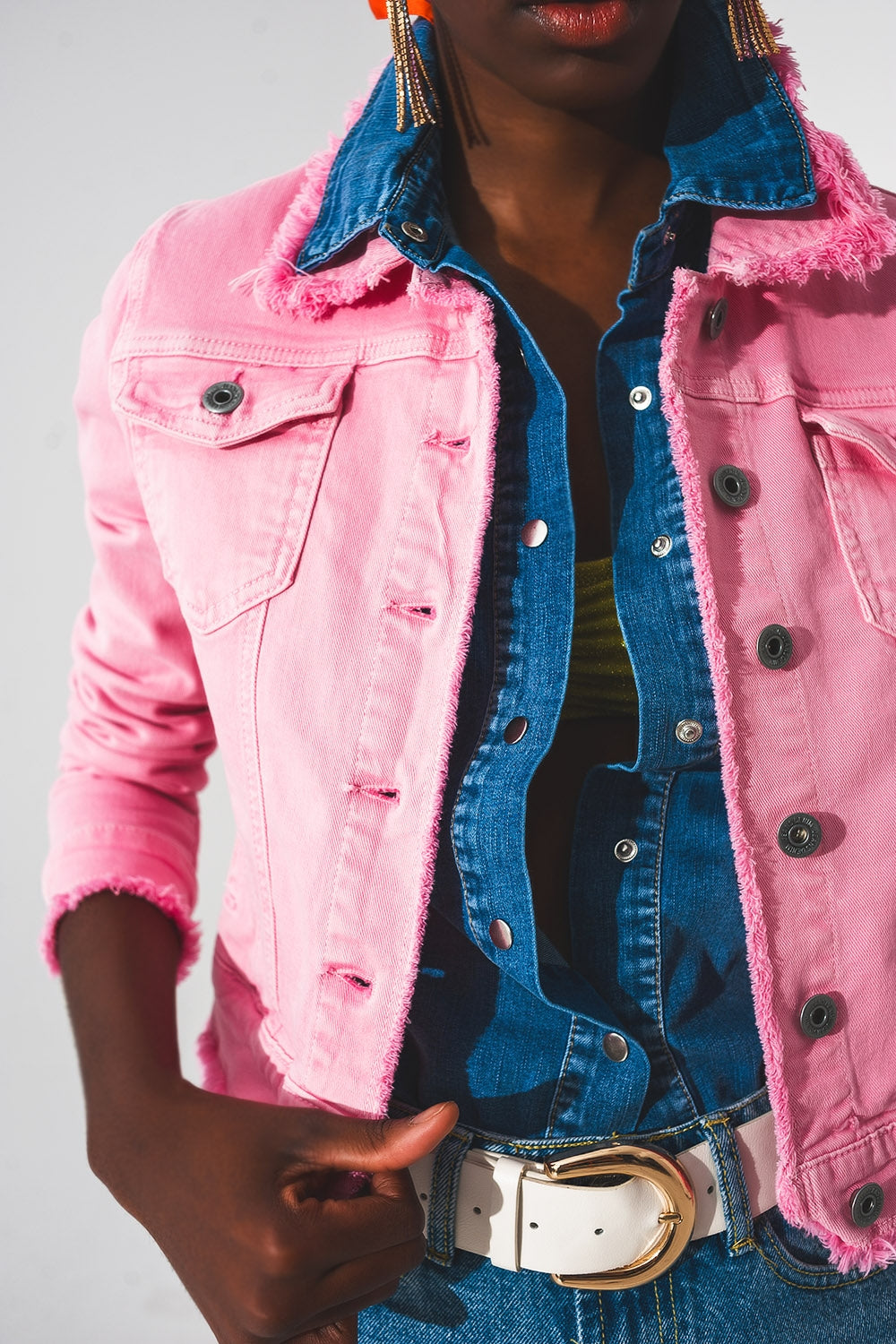 Raw edge denim jacket in pink