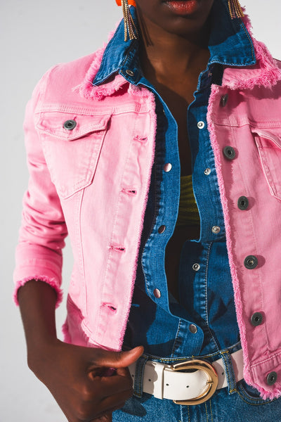 Raw edge denim jacket in pink