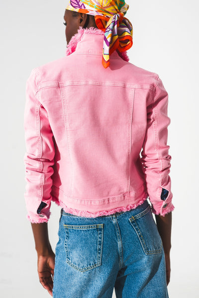 Raw edge denim jacket in pink