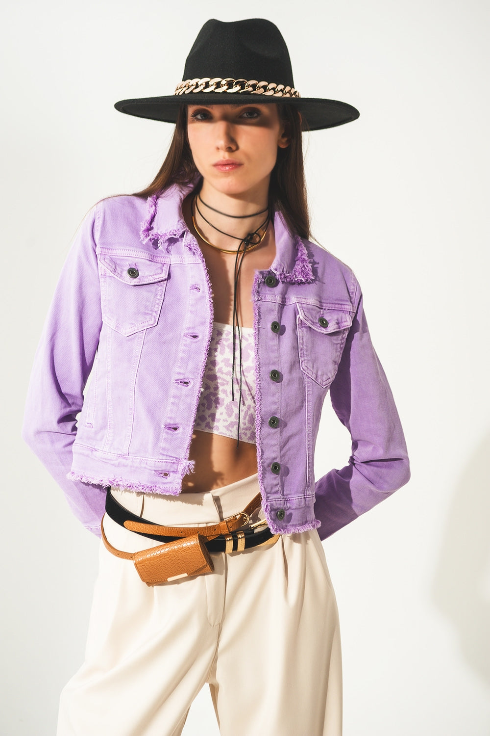 Raw edge denim jacket in purple