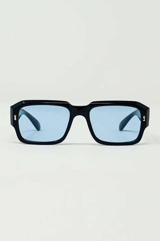 Q2 Rectangular Black Frame Sunglasses With Blue Lenses