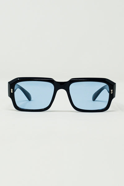 Q2 Rectangular Black Frame Sunglasses With Blue Lenses