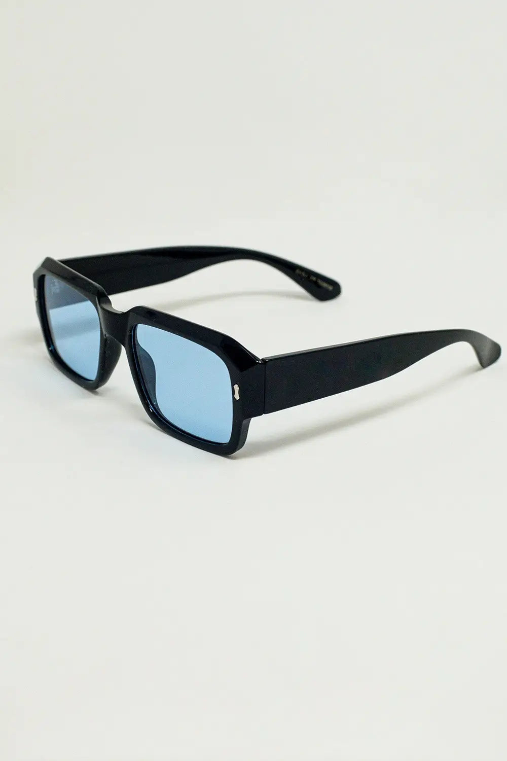 Rectangular Black Frame Sunglasses With Blue Lenses - One Size / Black