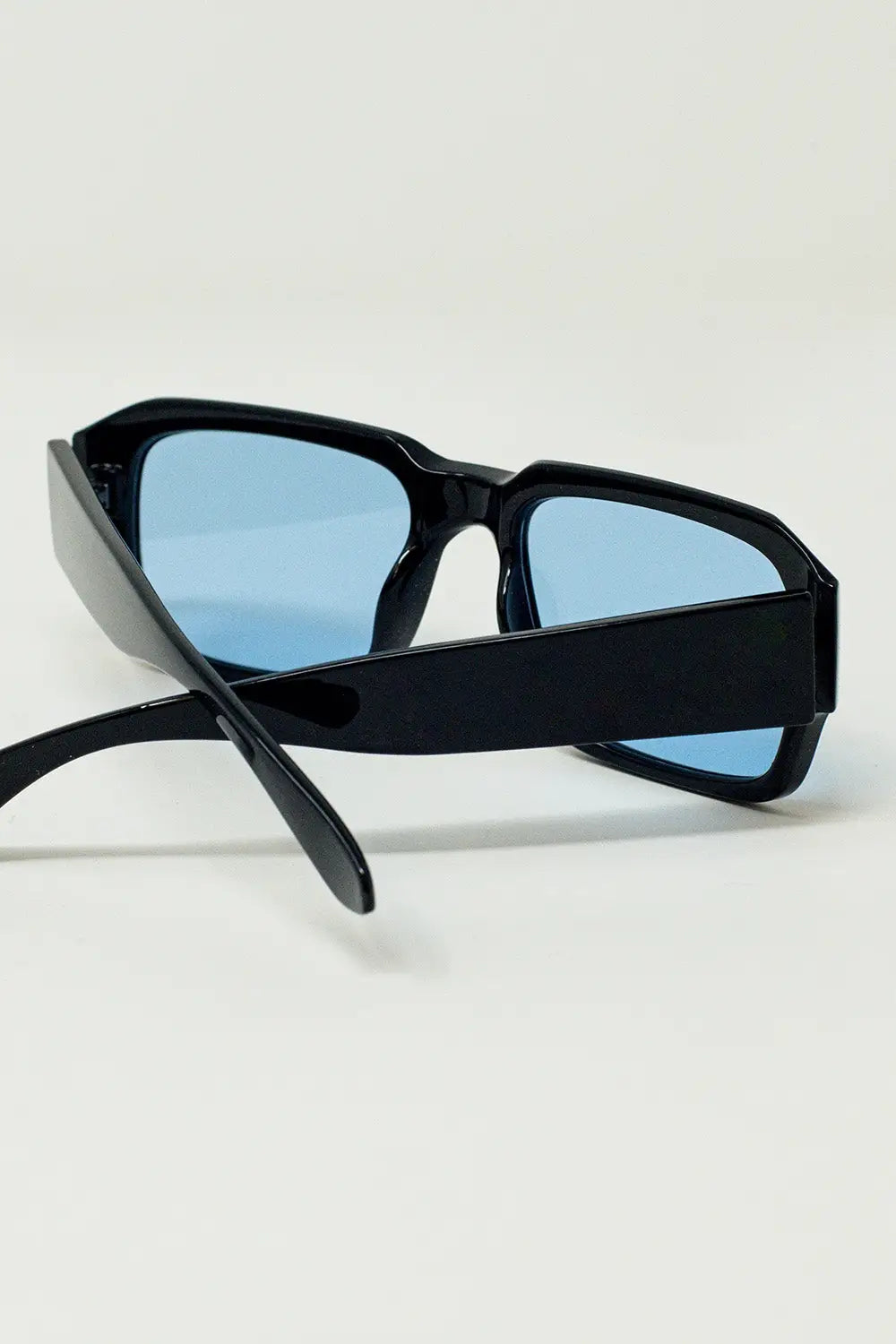 Rectangular Black Frame Sunglasses With Blue Lenses - One Size / Black